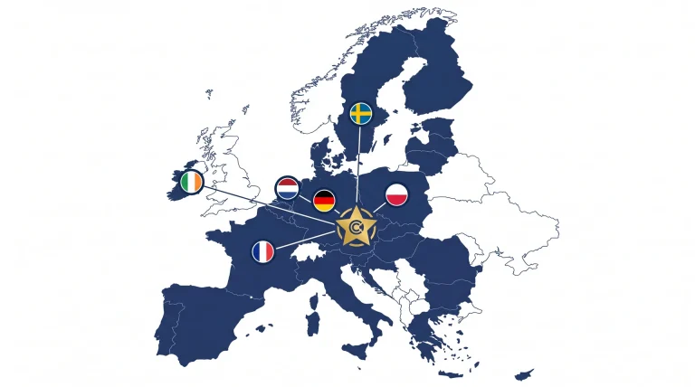 EU map with multiple member state flags connected to a single compliance hub illustrating NIS2 Article 26 lead authority concept