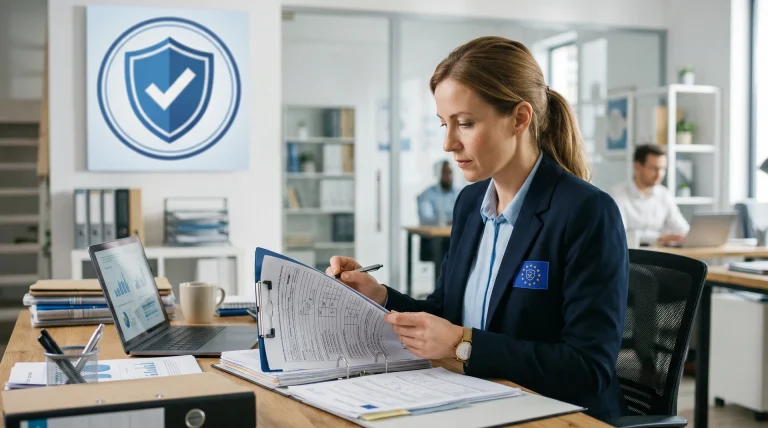 NIS2 supervisory inspection — compliance inspector reviewing audit documentation under Article 32
